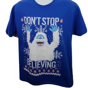 Rudolph Red Nosed Reindeer Abominable Snowman Don't Stop Believing Blue Tshirt L